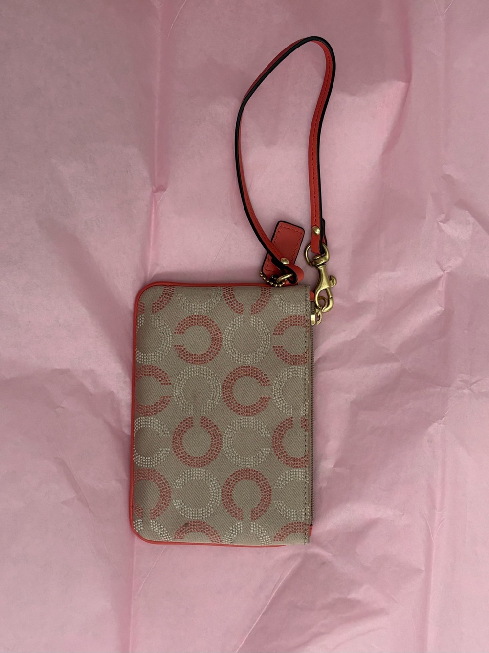Vintage Coach Beige Wristlet with Coral Trim